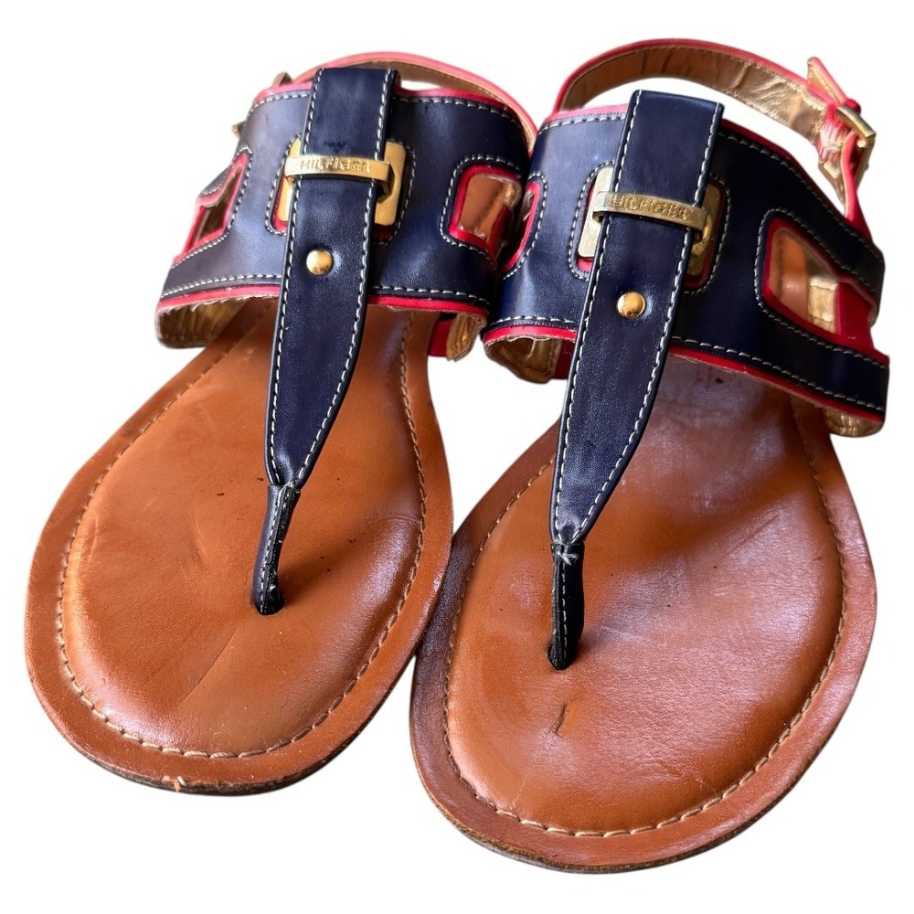 Tommy Hilfiger Thong Sandals Women's Navy Blue Red Gold Accents